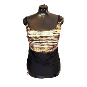 Simon Chang Two-Piece Tankini Swimsuit in Neutral Black, Tan & Gold